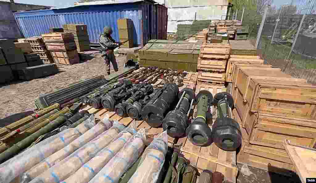 Western anti-tank weapons are displayed in an arms depot that the Russian Defense Ministry says was captured by Russian troops. The photo was released on April 27.&nbsp;