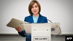 Moldovan President Maia Sandu speaks after winning the presidential election runoff in Chisinau on November 4.