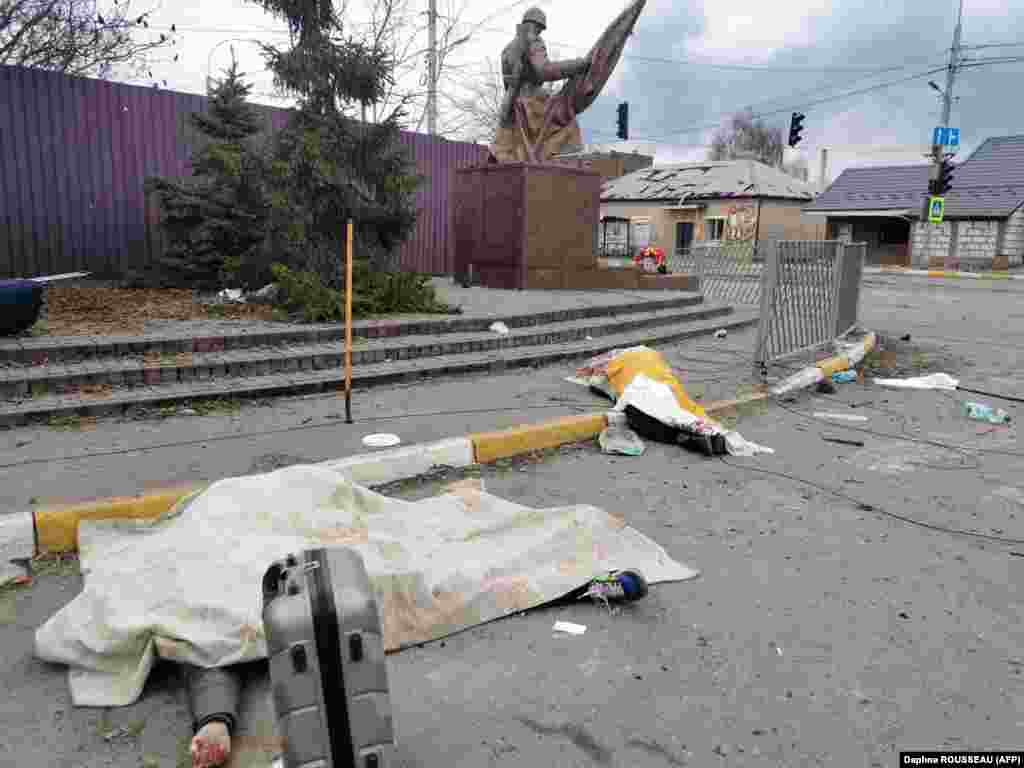 The bodies of civilians killed on March 6 as they tried to evacuate Irpin during heavy shelling and bombing by Russian forces.