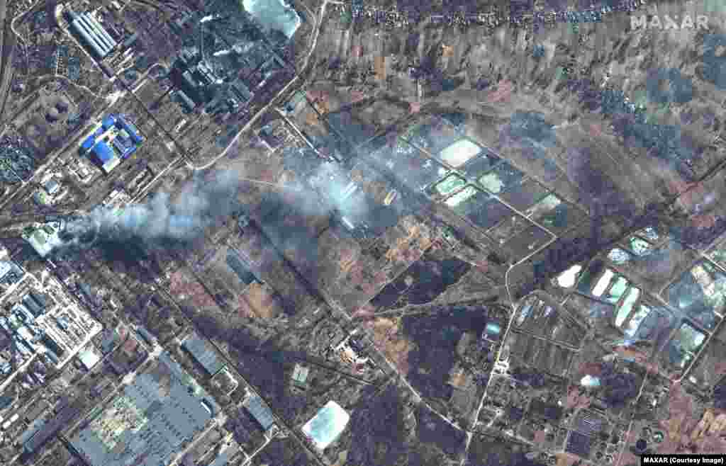 Fires burning in Chernihiv, northeast of Kyiv. Russian attacks have caused extensive damage to commercial and residential property in and around Kyiv and Chernihiv.