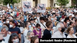 Demonstrators protest against the planned Chinese Fudan University campus in Budapest on June 5.