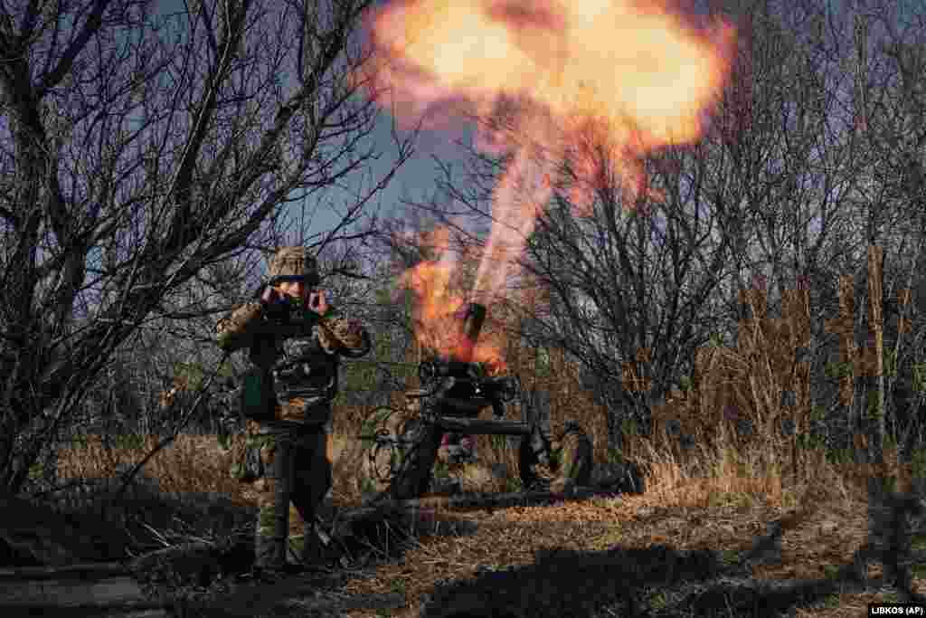 A French MO-120 RT-61 mortar is fired against Russian positions near Bakhmut.