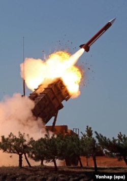 A missile being fired from a Patriot launching station in South Korea in October 2015.