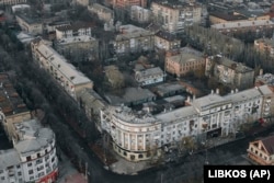 An aerial view of Bakhmut on December 9. The city has been all but emptied of its 70,000 residents, and its buildings and houses are -- or are steadily being reduced to -- rubble.