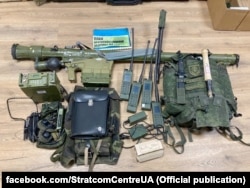 Russian equipment, including Azart radios, captured during the fighting in Ukraine.