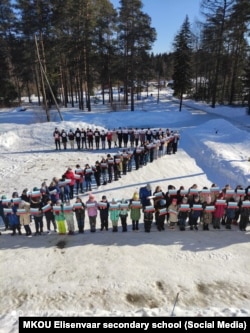 In March, students in the Karelian town of Elinsenvaara stood in the snow in the form of the Z symbol to mark the eighth anniversary of Russia’s annexation of Crimea.