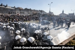 Far-right protesters clash with police during a gay pride parade in the Polish city of Lublin in 2018.