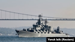 The Russian Navy's guided missile cruiser Moskva sails in the Bosphorus on its way to the Mediterranean Sea in June 2021.