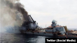 A photo shared on social media and widely believed to be the Moskva shows it on fire and listing badly. Five days after the loss of the ship, the fate of the Russian crew is still shrouded in mystery.