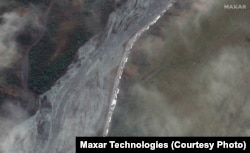 This satellite image provided by Maxar Technologies shows an overview of the traffic jam near the Russia border with Georgia on September 25.