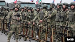 Russian Army troops on parade in the Chechen capital, Grozny, last month. 