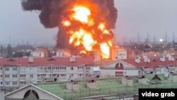 A screen grab of a purported attack by Ukrainian helicopters on a fuel depot in the Russian city of Belgorod on April 1. 