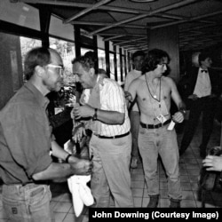 Reuters correspondent Kurt Schork (left) and Thomas Hurst (right) help a man hit by a sniper at the Holiday Inn in Sarajevo in 1992.