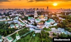 The Kyiv-Pechersk Lavra, or Monastery of the Caves. The tall bell tower in the middle is one of the symbols of Kyiv and Ukraine.