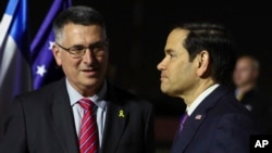 Israeli Foreign Minister Gideon Sa'ar (left) welcomes U.S. Secretary of State Marco Rubio upon his arrive on February 15.