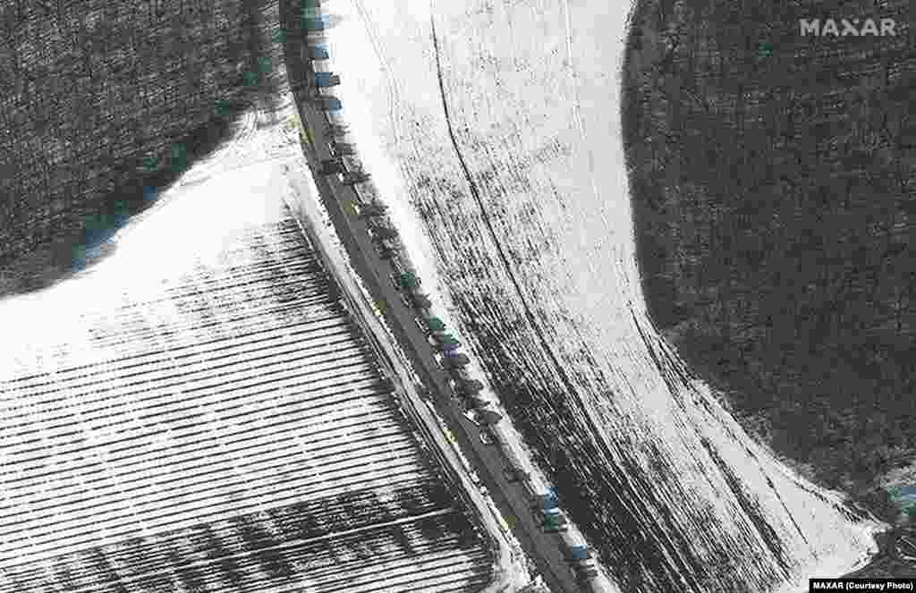 A convoy of military vehicles near Sergievka, Russia.