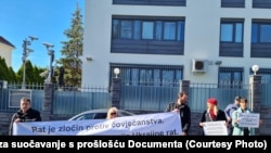 Protesters demonstrate in front of the Russian Embassy in Zagreb on February 24, 2022, following Russia's invasion of Ukraine.