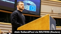 Ukrainian President Volodymyr Zelenskiy addresses the European Parliament in Brussels on February 9.