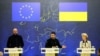 Ukrainian President Volodymyr Zelenskiy (center), European Council President Charles Michel (left), and European Commission President Ursula von der Leyen give a joint press conference after a EU-Ukraine summit on February 3 in Kyiv, where the country's efforts to tackle graft were high on the agenda. 