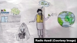 A drawing by a girl named Sdiqa showing a schoolgirl trapped in a cage