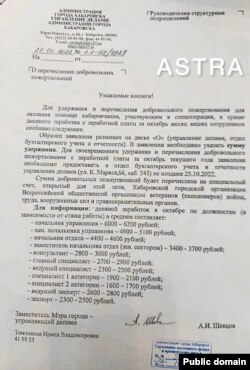 Письмо с рекомендацией по сбору с сотрудников "добровольных пожертвований" на военные нужды за подписью заммэра Хабаровска Шевцова