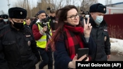 Ksenia Pakhomova takes a selfie as she's detained at the prison where Aleksei Navalny was held in the Vladimir region on April 6.