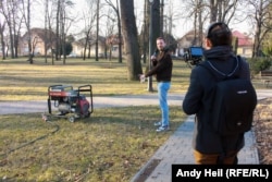 Gulyas telling livestream viewers about the blackout in Komarom. Later, he tells RFE/RL: "After the first show, the city realized that they don't want to help us with electricity."