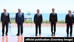 Kazakh President Qasym-Zhomart Toqaev (left to right), Tajik President Emomali Rahmon, Kyrgyz President Sadyr Japarov, Turkmen President Serdar Berdymukhammedov, and Uzbek President Shavkat Mirziyoev attend a meeting of Central Asian leaders in Kyrgyzstan.