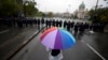 Serbian riot police line up to prevent anti-gay protesters from clashing with participants in the EuroPride walk in Belgrade on September 17.