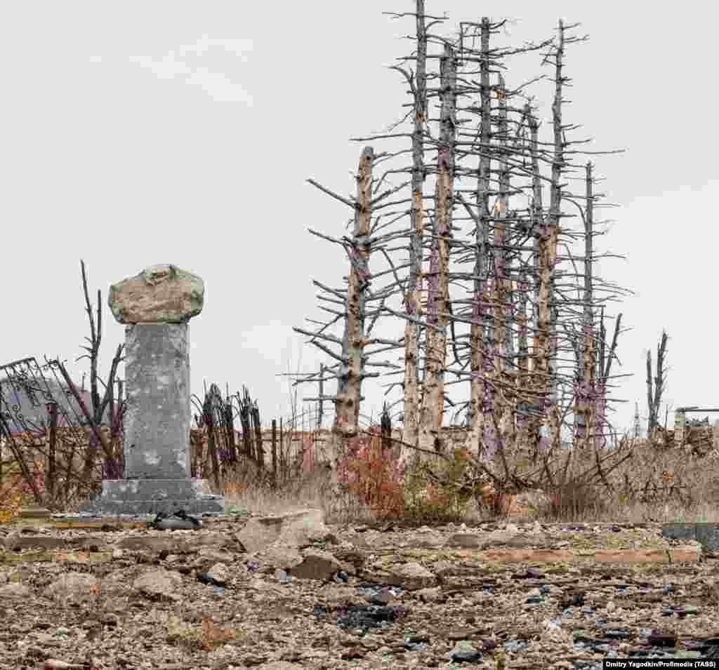 This bullet-chipped stump is what remains of a monument to Ukrainian poet Taras Shevchenko in the center of Maryinka. The ruins of the eastern city were captured by Russian forces in December 2023.&nbsp;