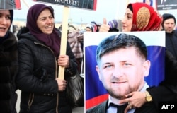 A Chechen woman holds a picture of Ramzan Kadyrov during a rally in central Grozny last month.