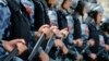 Police block a square during an unsanctioned rally in the center of Moscow on August 3. 