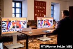 Viktor Orban at a summit between China and Central and Eastern European countries via video conference from his Budapest office in 2021