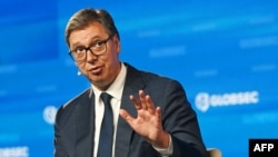 Serbian President Aleksandar Vucic speaks at the Globsec regional security forum in Prague on August 31. 