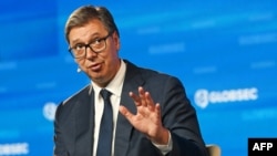 Serbian President Aleksandar Vucic attends the Globsec forum in Prague on August 31.