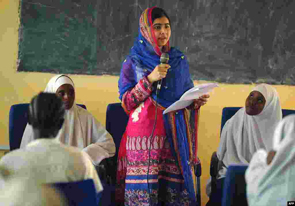 Yousafzai addresses young refugees at Kenya&#39;s sprawling Dadaab refugee complex during a visit organized by the UN High Commissioner for Refugees in Garissa, Kenya, on July 12, 2016.