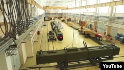 A screen shot from a Russian Defense Ministry video, purportedly of the assembly line of Russia's Burevestnik missile.