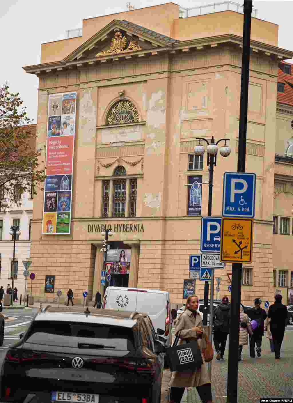 A 1975 photo shows a banner on the Hybernia Theater commemorating 30 years since the entry of Soviet troops into Prague during World War II.&nbsp;