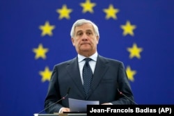 European Parliament President Antonio Tajani announces the winner of the Sakharov Prize in Strasbourg on October 25, 2018.