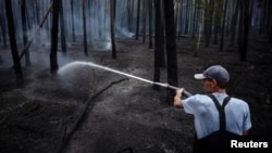 A firefighter extinguishes the remains of a fire in a forest near Yarova in the Holy Mountains National Nature Park in July.