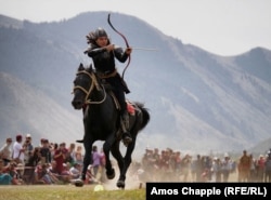 A Turkish athlete competes in the mounted archery competition in 2018 in Kyrgyzstan.