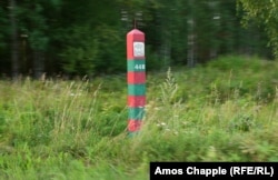 A Russian border marker inside Saatse Boot as seen from a passing car.