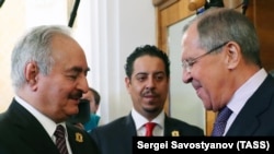 Libyan opposition leader Khalifa Haftar (left) meets with Russian Foreign Minister Sergei Lavrov in Moscow in 2017.