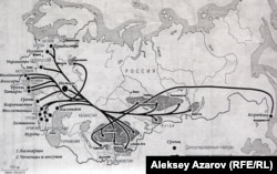 Депортацияланған халықтар картасының фотокөшірмесі. Алматыдағы Орталық мемлекеттік музейдегі көрмеден.