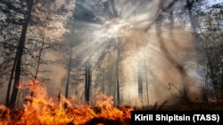 A wildfire ablaze in Russia's Irkutsk region on May 27. 