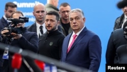 Hungarian Prime Minister Viktor Orban (right) welcomes Ukrainian President Volodymyr Zelenskiy (center) in Budapest on November 7.