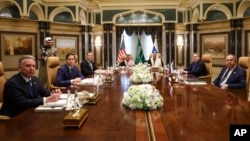 U.S. Secretary of State Marco Rubio (second left), Russian Foreign Minister Sergei Lavrov (right) and other U.S. and Russian officials attend a meeting with a Saudi delegation in Riyadh on February 18. 