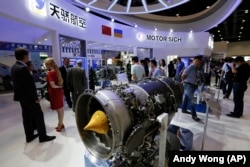 The Motor Sich display booth showcasing the Ukrainian company's engines at the Aviation Expo China in Beijing in September 2017.