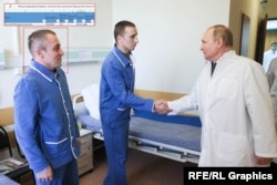 One of the soldiers who greeted Russian President Vladimir Putin (right) during a hospital visit in 2022 appears in the military medical database.