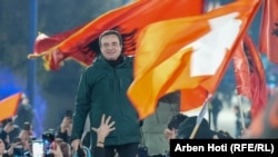 KOSOVO: Albin Kurti at a rally in downtown Pristina after February 9 elections.